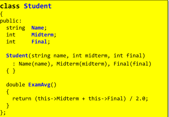class Student public: string int int Name; Midterm; Final; Student(string name, int midterm, int final) : Name (name), Midter