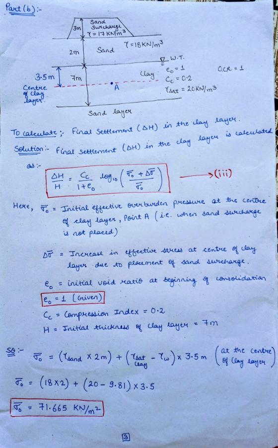 Part (b):- Sand 13m surcharge VY=17KN/m3 X=18 KN/m3 2m Sand RW.T. e = 1 O.GR. = 1 Im lay Cc = 0.2 3.5m Centre of clay layer.