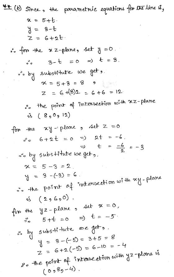 ** (6) since the parametrie equations for the line is, = 5+t: 3-t 6 +26: z = عه in for the az-plane, set y zo =) t o 3-t = 3.
