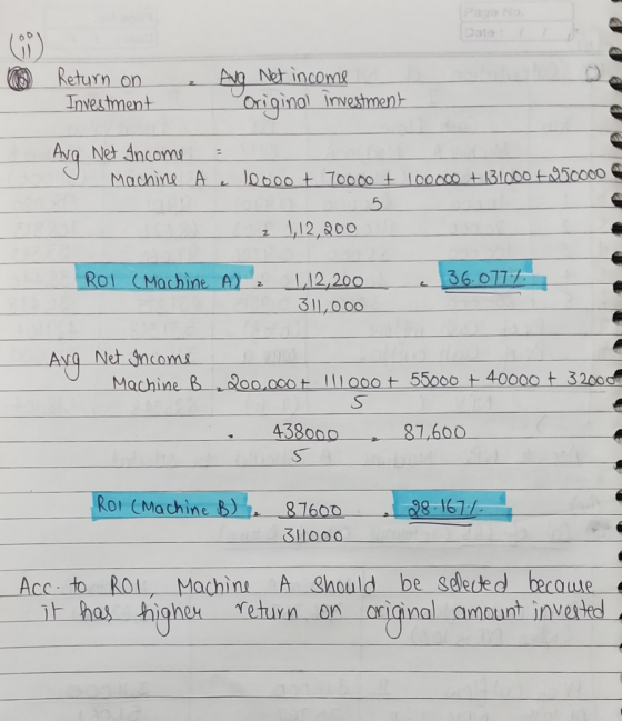 (9) Return on Investment Aug Net income Original investment Ang Net Income Machine A 10000 + 70000 + 100000 + 13.000 950000 5