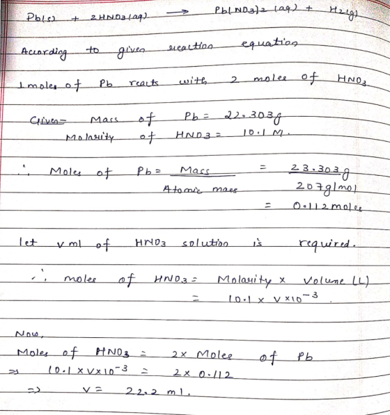 PbLNDa ag t 2HND3Laq गोषत equatiog eatioa to Acardiog molee 0 HNo 2 witb lmalesot Pb raits Ph 22303 ot ot Mass J01 M HND32 Mo