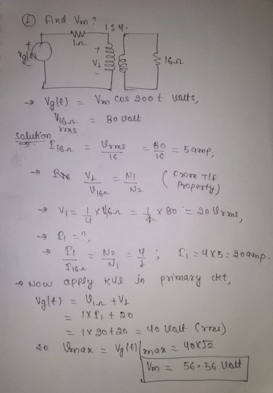 find Vm? w 1. 7 V leel 162 Van cos 200t valts, & Vgle) Vion ms Ilon 80 valt solution Urme = 5 amp; 16 16 from TIF Property) R