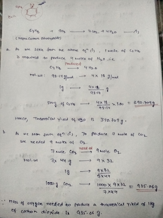 Cyng 7cor tu H₂O - ) (7Hq - 902 (Hepta Carbon Octahydride) a. of a HG As we seen from the above equ li mole is required to pr