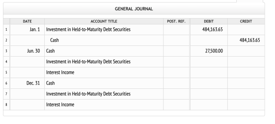GENERAL JOURNAL DATE ACCOUNT TITLE POST. REF. DEBIT CREDIT Jan. 1 Investment in Held-to-Maturity Debt Securities 484,163.65 C