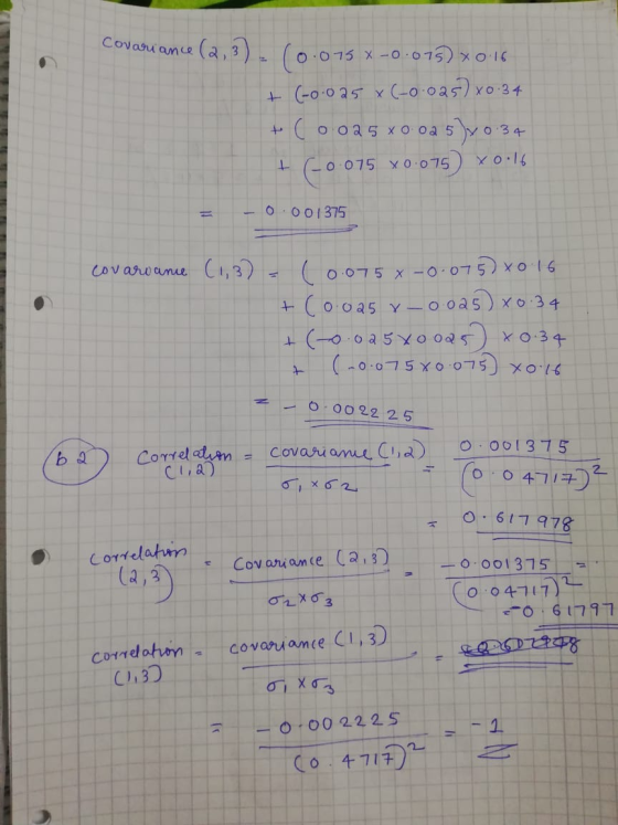 Covariance (2, 3) (0.075 x -0.015) *0.16 + (-0.025 x(-0·025) 20:34 + ( o 025 xo oa 5)70-34 +(-0.075 x 0.075) xo.16 = -0.00137
