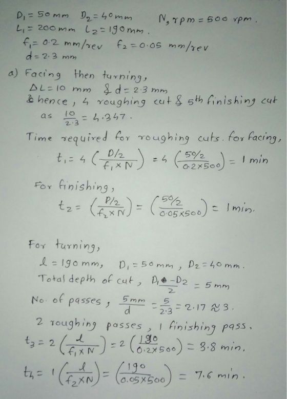 Li= 200 mm 12-1gornm 2.3 mn honp a) Facin9 then turfing , L=10 mm &d=23 mm b hence, γο ughing tut & 5th (1 nishing cat 347 I