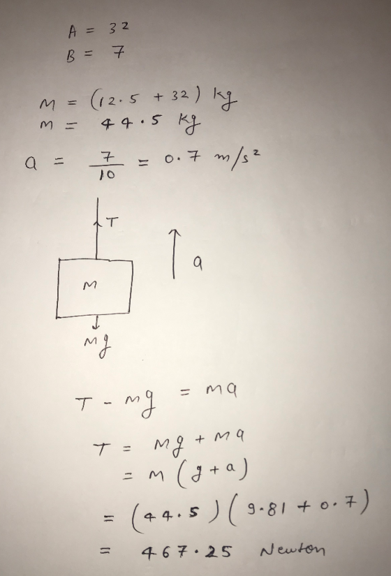 A = 32 B = M = (12.5 + 32) kg m = 44.5 kg a = 7 = 0.7 m/s² 10 =ma T= mgtma = m (gra) = (44.5 ) ( 9-81 +0.7) = 467.25 Newton