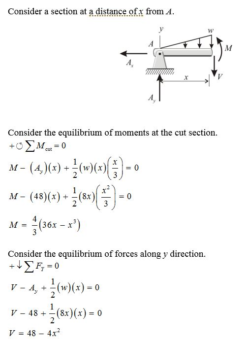 Consider a section at a distance ofx from A Consider the equilibrium of moments at the cut section. (8x)| M_ (48)(x)- M-36x -