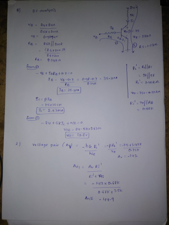 auv Dc analyss 5k 3 + RB = 8, 6 k | | 200k Rs I.skn 8-6 +200 Pom@ RL Re 9.24k o.68k 2-63mA E 10-4 0 75 k Av _-142. hi le Avs