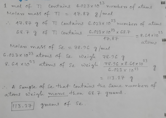 2 -= 8.64 x 1023 atoms in 1 mol of Ti contains 6.023x10 number of atoms Molaro mass of Ti = 47.87 g/mol . 47.87 g of Ti conta