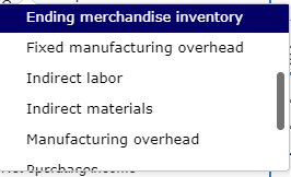 Ending merchandise inventory Fixed manufacturing overhead Indirect labor Indirect materials Manufacturing overhead Durchase