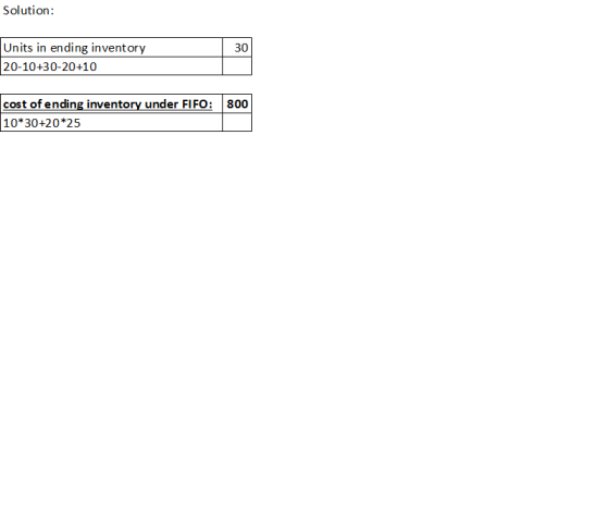 Solution Units in ending inventory 20-10+30-20+10 30 Cost of ending inventory under FIFO: 10*30+20*25 800
