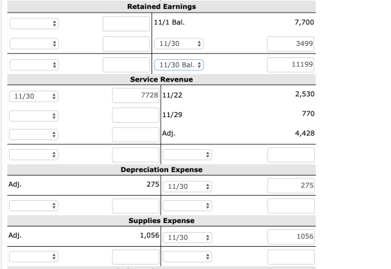 Retained Earnings 11/1 Bal. 7,700 11/30 3499 11/30 Bal. A 11199 Service Revenue 11/30 7728 11/22 2,530 11/29 770 Adj. 4,428 D