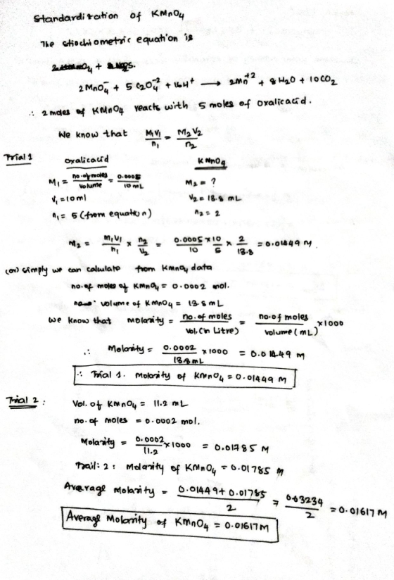Standardi tothon of KMno4 -2 We know that MvM2V2. Trial 1 oralcaud Volume to . tve know that olaty - ne.ef moles. no o1 moles