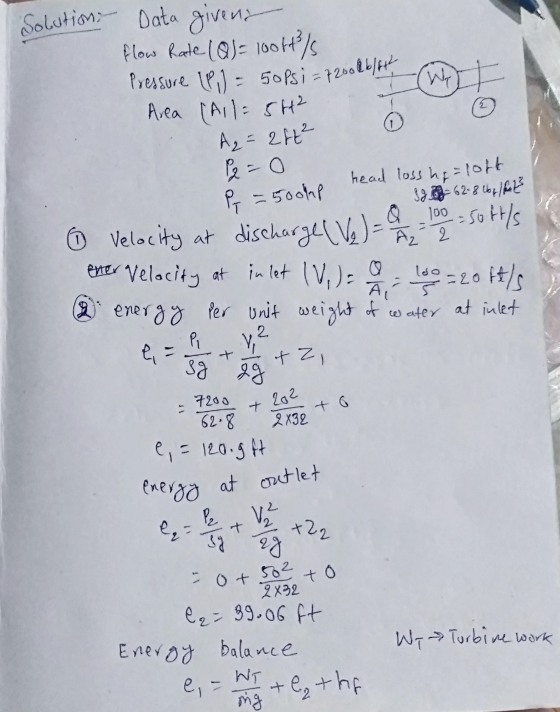 Solution Data giveny Flow Rate (Q) = loott/ Pressure (P) = 50psi = 7200 16/6 Area (All= 5H² A₂ = 2ft² Pe=0 P = 50oh e a coche