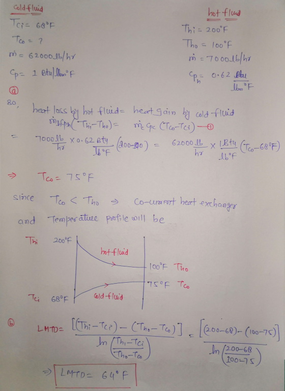 cold fluid Toi= 68°F To = ? in = 62000 lb/hr hot fluid Thi= 200°F Tho = 100°F m = 7000lb/hr p= 1 Btul lom F @ Pa 0.62 Bilal b