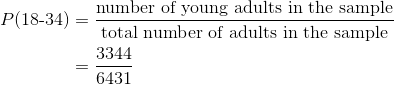 \begin{align*} P(\text{18-34})&=\frac{\text{number of young adults in the sample}}{\text{total number of adults in the sample}}\\ &=\frac{3344}{6431} \end{align*}