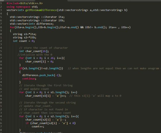1 #include<bits/stdc++.h> 2 using namespace std; 3 vector<int getMinimumDifference(std::vector<string> a,std::vector<string>