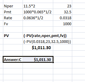 Nper 11.5*2 Pmt 1000 *0.065 1/232.5 Rat 0.0636 1/2 Fv 23 0.0318 1000 (-PV(rate,nper,pmt,fv)) (-PV(0.0318, PV ,32.5,1000)) $1,