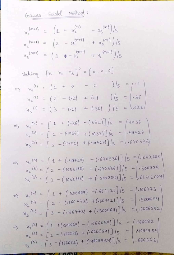 Gauss seidel Method: sc (M+1) = (2 + schms - x M) /s v, (n+1) = (2 - x +1) + x (%) /s x (M+1) = (3 *- anti) + H (Mt) ) 15 Jak