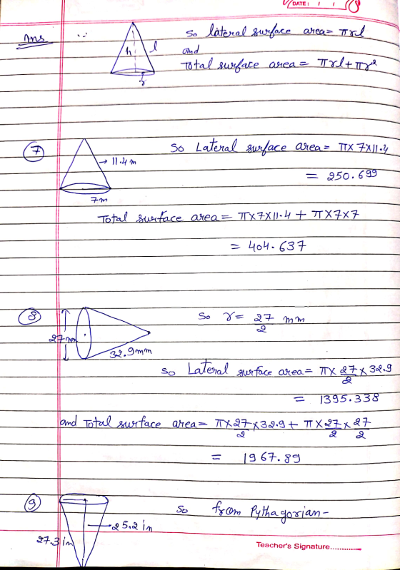 DATE: ins A so lateral surface area= Tol and Total surface area = TYLED So Lateral swface area - TIX 72114 » 11.4m = 250.699
