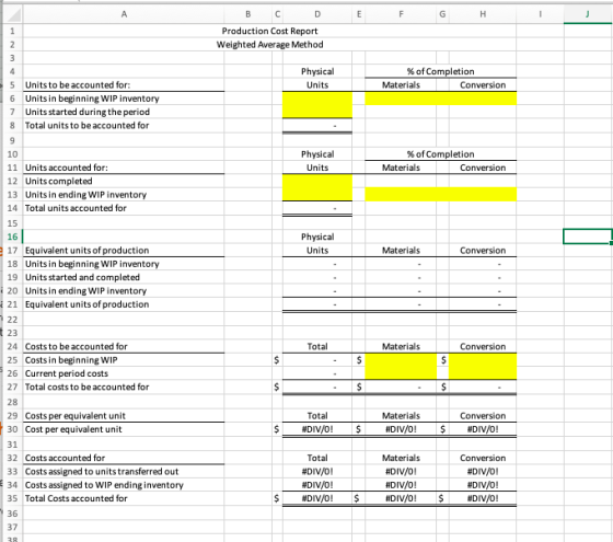 E F G H I B C D Production Cost Report Weighted Average Method Physical Units % of Completion Materials Conversion 5 6 7 8 Un