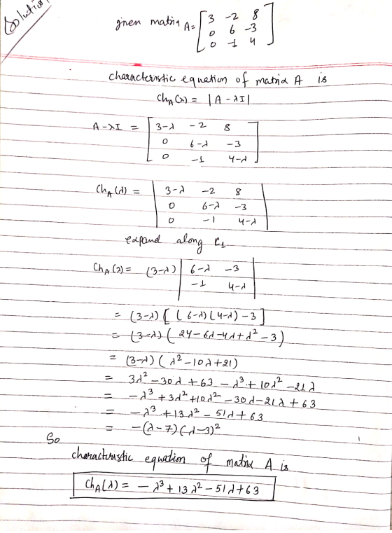 3 Solutio ginen matria As 2 8 6 -3 I u 0 is characteristic equation of matria A của C) = | 0 - 11| A-XI = 3-1 - 2 8 O 6-2 - 3