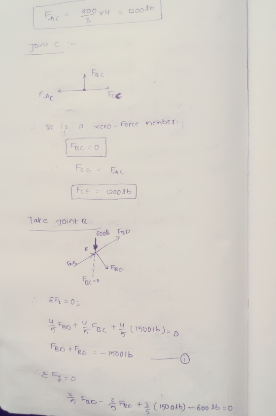 90oxy - 1200db Joint C - Fec .: BC is a 200o-force member. Foc=0 . FCE = EAC IFCE = 120006 Take Toint B Gool FBD FARV EBE EF