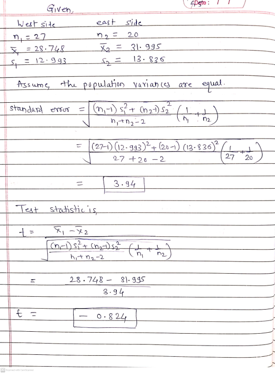 soste : east side Given West site n.:22 X = 28.748 st - 12.9.93 20 no= X2 31. 995 13.836 Assume the population variances are