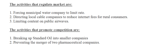 The activities that regulate market are: 1. Forcing municipal water company to limit rate 2. Directing local cable companies