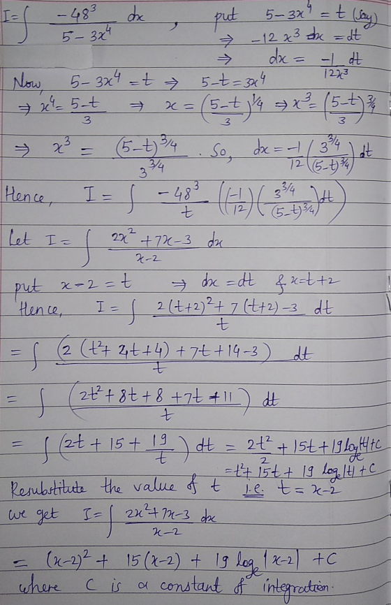 I= -483 doc put 5-3x = t (say) 5- 3x4 - 12 x3 the = at dx = - dt 1223 Now 5-324 -t 5-t=344 =(5-t 2 = 5-t 3 x3 (5-t) 3/4 So, d
