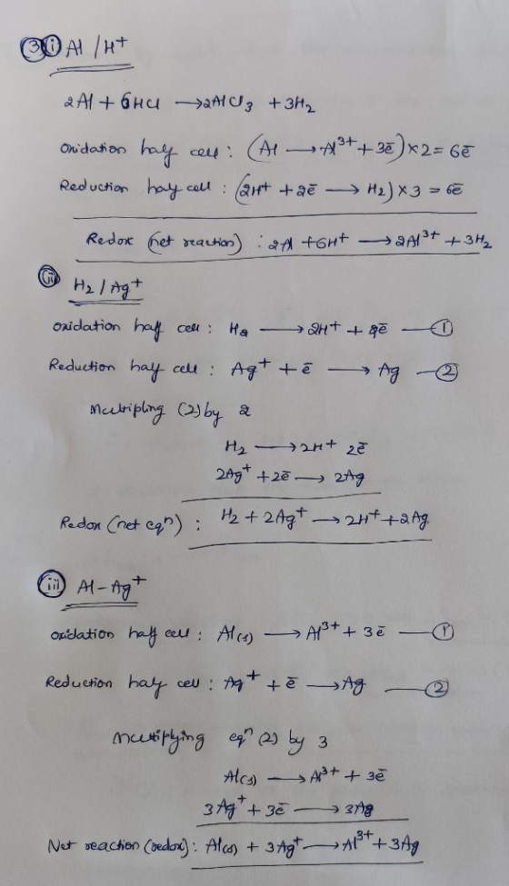 011/ 2A1+ 6HC 2413 + 3H2 Oxidation haly cell: (Al Reduction hay cell : (217t ta A* + 38 ) x2= 6€ - H2) X3 = be Redox het reac