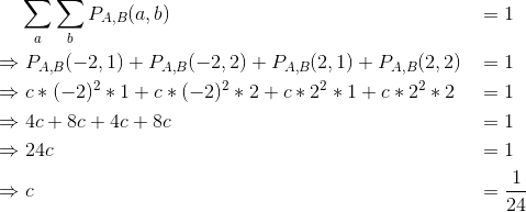\begin{align*} & \ \ \ \ \sum_{a} \sum_{b} P_{A,B}(a,b) &&= 1 \\ &\Rightarrow P_{A,B}(-2,1) + P_{A,B}(-2,2) + P_{A,B}(2,1) + P_{A,B}(2,2) &&= 1 \\ &\Rightarrow c*(-2)^2*1 + c*(-2)^2*2 + c*2^2*1 + c*2^2*2 &&= 1 \\ &\Rightarrow 4c + 8c + 4c + 8c &&= 1 \\ &\Rightarrow 24c &&= 1 \\ &\Rightarrow c &&= \frac{1}{24} \end{align*}