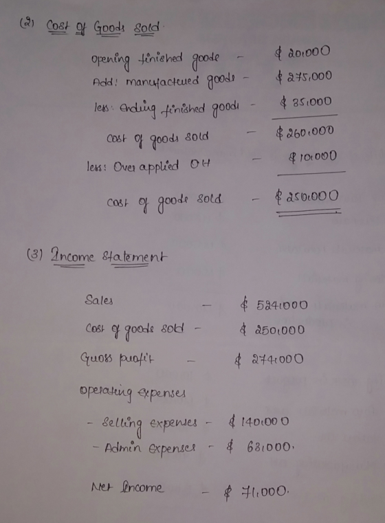 (2) Cost of Goods sold € 20.000 $275,000 $ 851000 opening tinished goode - Add: manufacteued goode - less: ending finished go