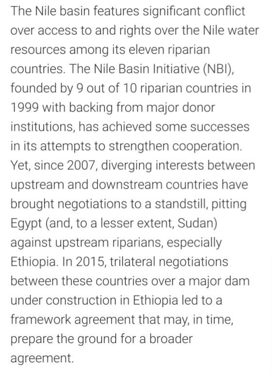 The Nile basin features significant conflict over access to and rights over the Nile water resources among its eleven riparia