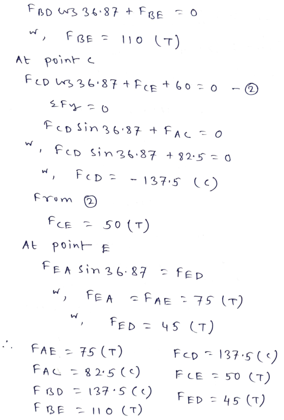 FBD 13 36.87 + FBE ฟ > F BE = 110 (1) At pointe FLD 336.87 +FCE +60=0 (2) Efy co Fcosin 36.87 + FAC=0 w FCD sin 36.87 +82.5=0