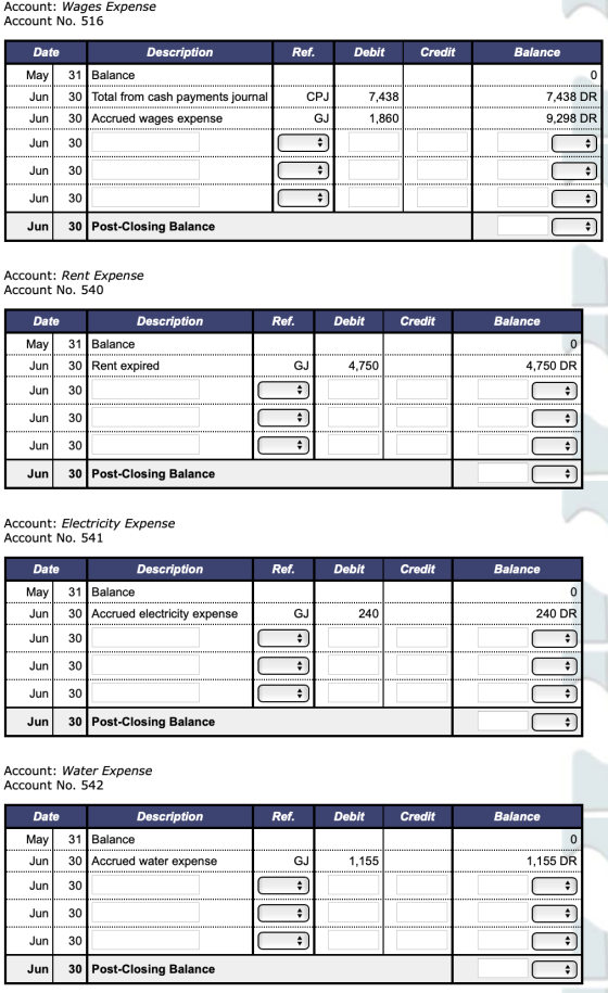 Account: Wages Expense Account No. 516 Date Description Ref. Debit Credit Balance May 31 Balance 0 Jun 30 Total from cash pay