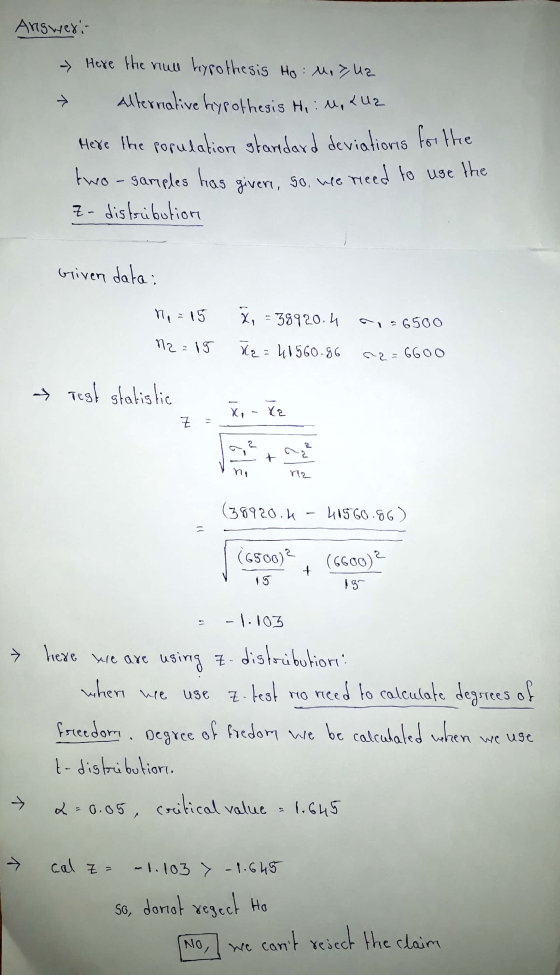 Answerin > Here the null hypothesis Ho: Moyua Alternative hypothesis Hi: M, LU2 Here the porudation standard deviations for t