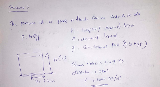 p=bag Answer o The pressuce at (9-81 mls) 9 post in flends can be calculate do h: Height / depts of licit s : dessits of liqu