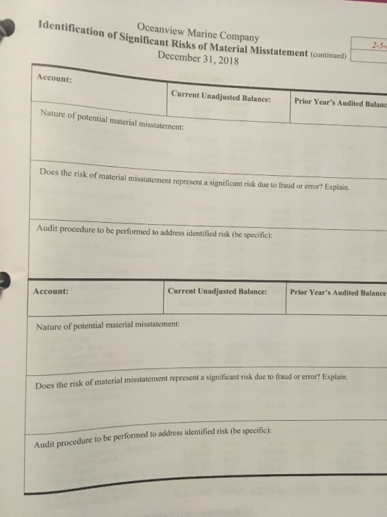 Oceanview Marine Company Identification of Significant Risks of Mate or Significant Risks of Material Misstatement (continu