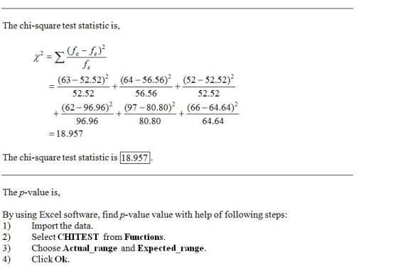 The chi-square test statistic is, x?=(90-92) + fe (63-52.52) (64 - 56.56) (52 - 52.52) + 52.52 56.56 52.52 (62–96.96)2 (97–80
