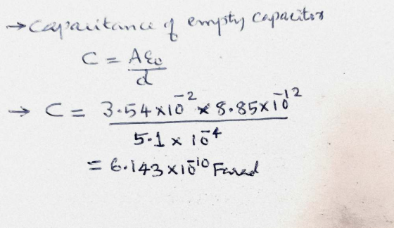 → Capacitance of empty Capacitors C = Aco >C= 3.54x10² x 5.85*102 5.1 x 18+ = 6.143x15io Farad