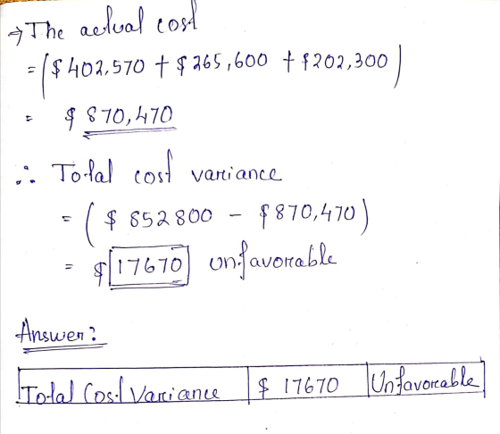 The actual cost = $ 402.570 + $365,600 + $ 202,300 = $ 870,470 :: To-lal cost variance = ( $ 852800 - $870,470) =9[17670 on f