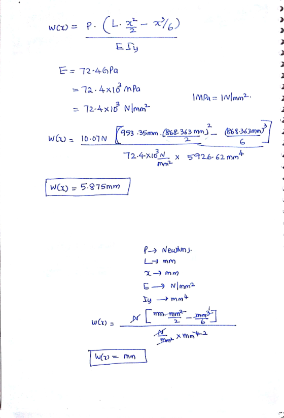 WCx) E= 72-46Pa - 72.4x1 mPa MPa= INmm2- - 72-4x1 Nm 2 368.363mm) 953 .35mm(868.363 mm)_ WG 10.07N 72.4X18N 5926.62 mm X mm2