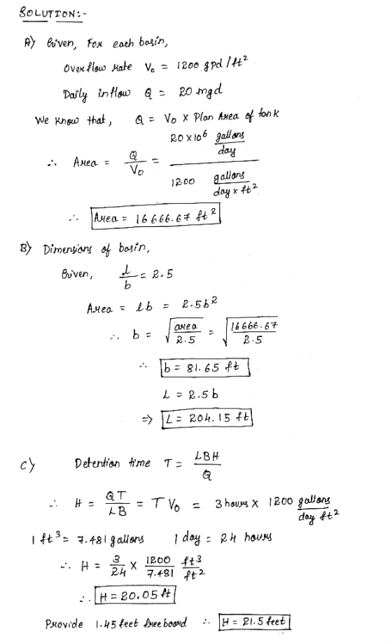 SOLUTION:- AY briven, Fox coch basin, Over flow Hate Vo = 1200g pd It? Daily in low Q = 20 med We know that a = Vox Plan Area