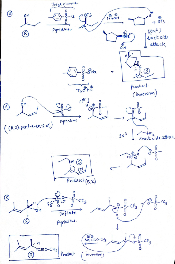 Josyl chloride -U OTS NAOH Pyridine, (SN²) back side W o attack Como Product Cinversion) O = O 0 = = 0 ((R.22 pent-3-en-2-ot)