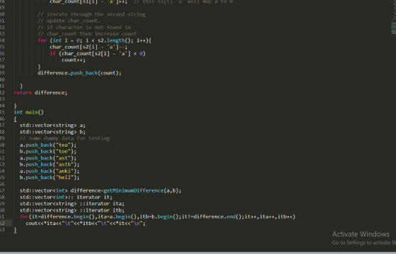 9 30 // iterate through the second string // update char count // if character is not found in / char count then increase cou