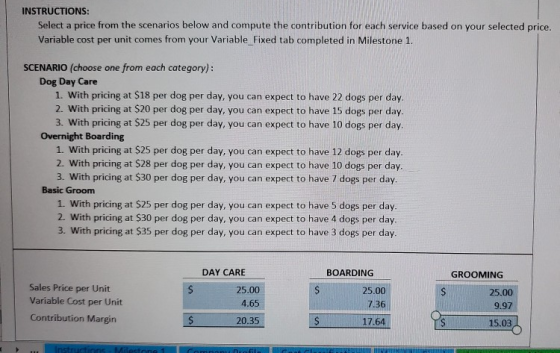 INSTRUCTIONS: Select a price from the scenarios below and compute the contribution for each service based on your selected pr