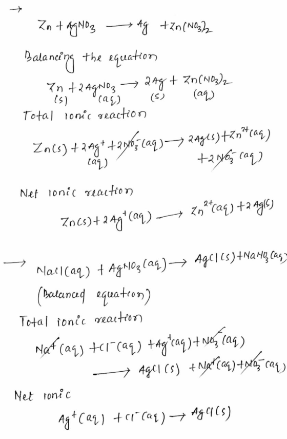 Int AgNO3 Ag + Zn (NO3)2 Balancing the equation - Inta Agno, 2Ag + Zn (403)2 15) °(aq (5) (aq) Total jonic reaction Zn(s) +2n