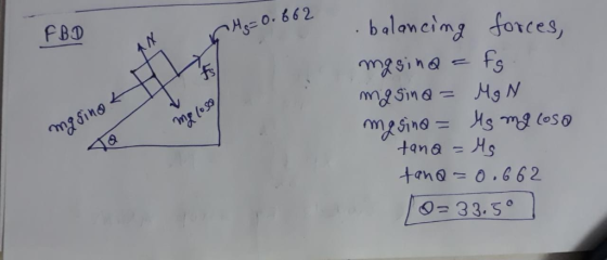 Ms= 0.662 balaneimg forces, mgsina = fs mesino tana = Hs tana= 0.662 II33.50